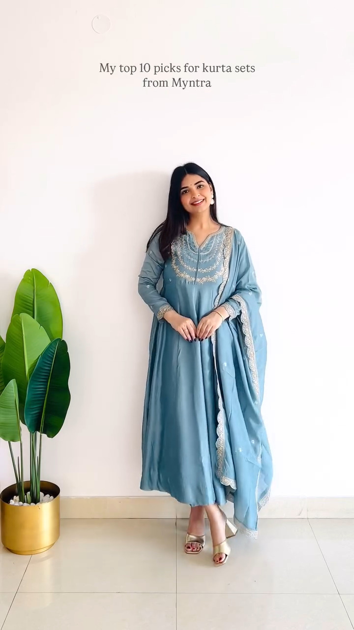 Elegant Dusty Blue Embroidered Kurta Set with Dupatta